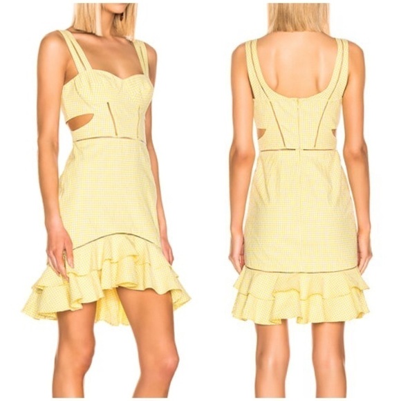 NWT Jonathan Simkhai Seersucker Gingham Yellow Cut Out Mini Dress Flounce Sz 8 - Picture 1 of 16